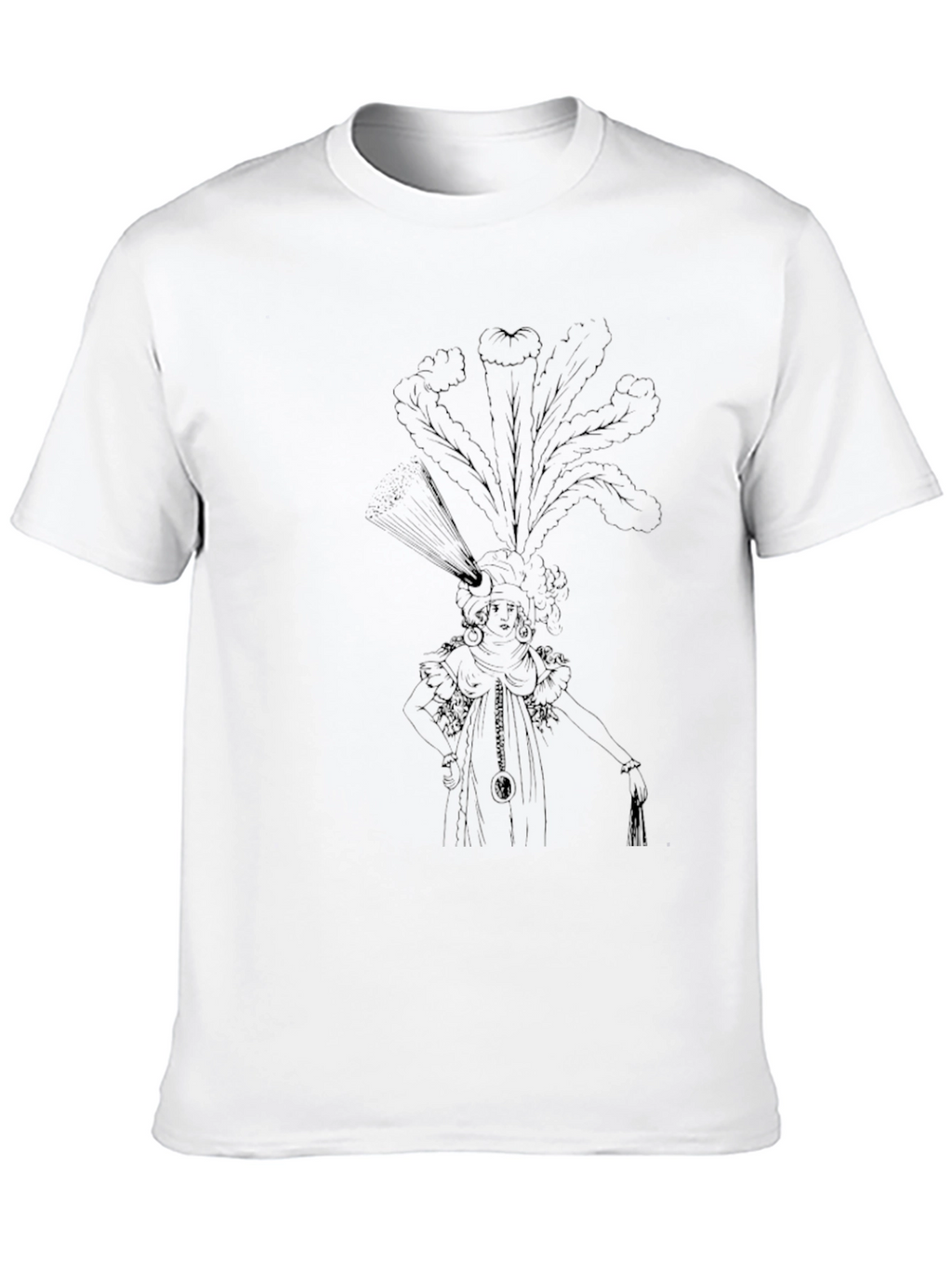 Elegant Black T-Shirt with Ornate Feather Headdress Design