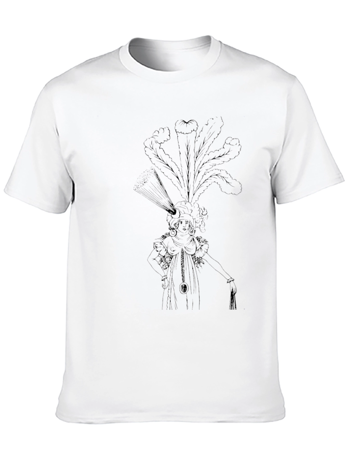 Elegant Black T-Shirt with Ornate Feather Headdress Design