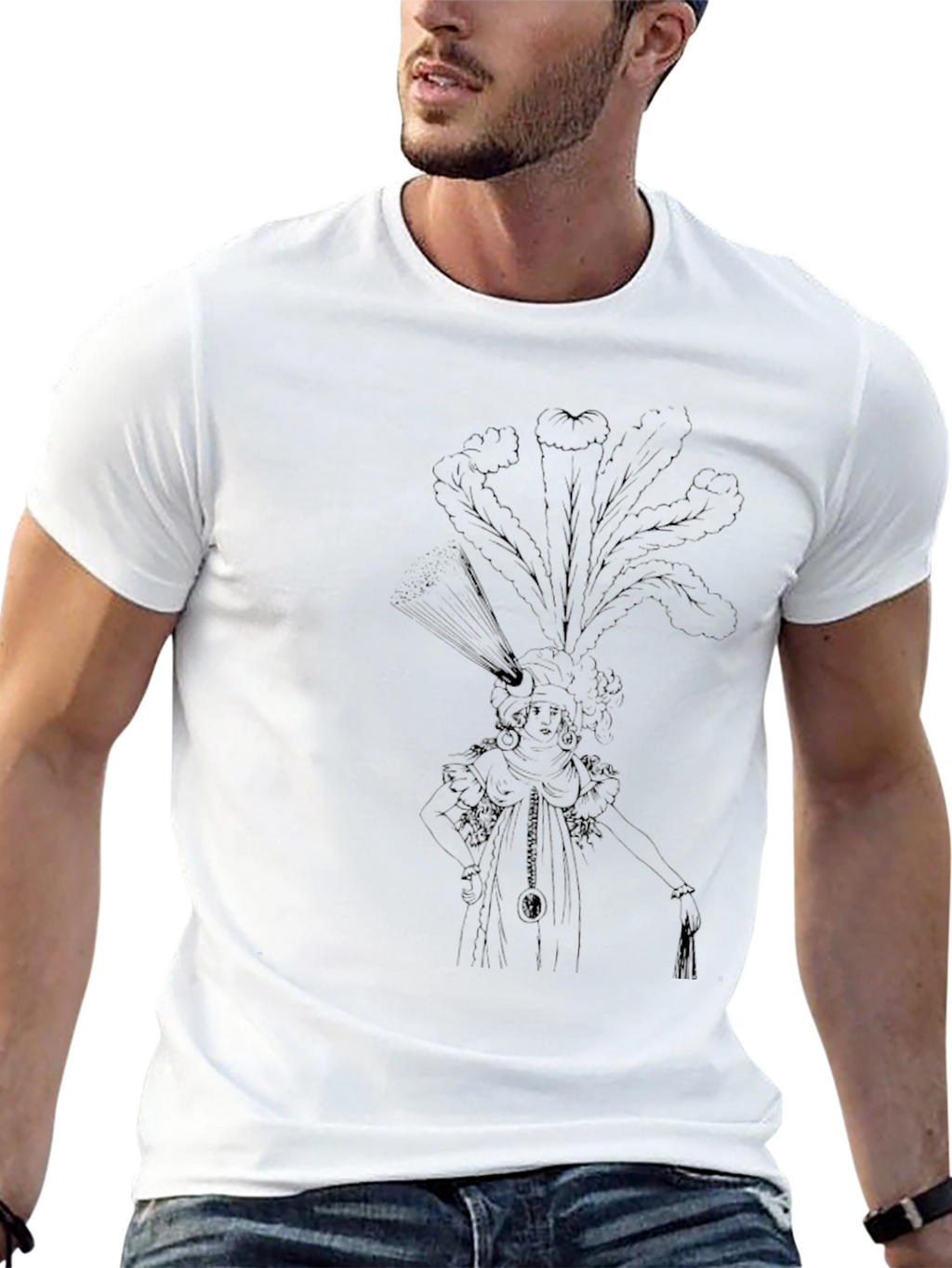 Elegant Black T-Shirt with Ornate Feather Headdress Design