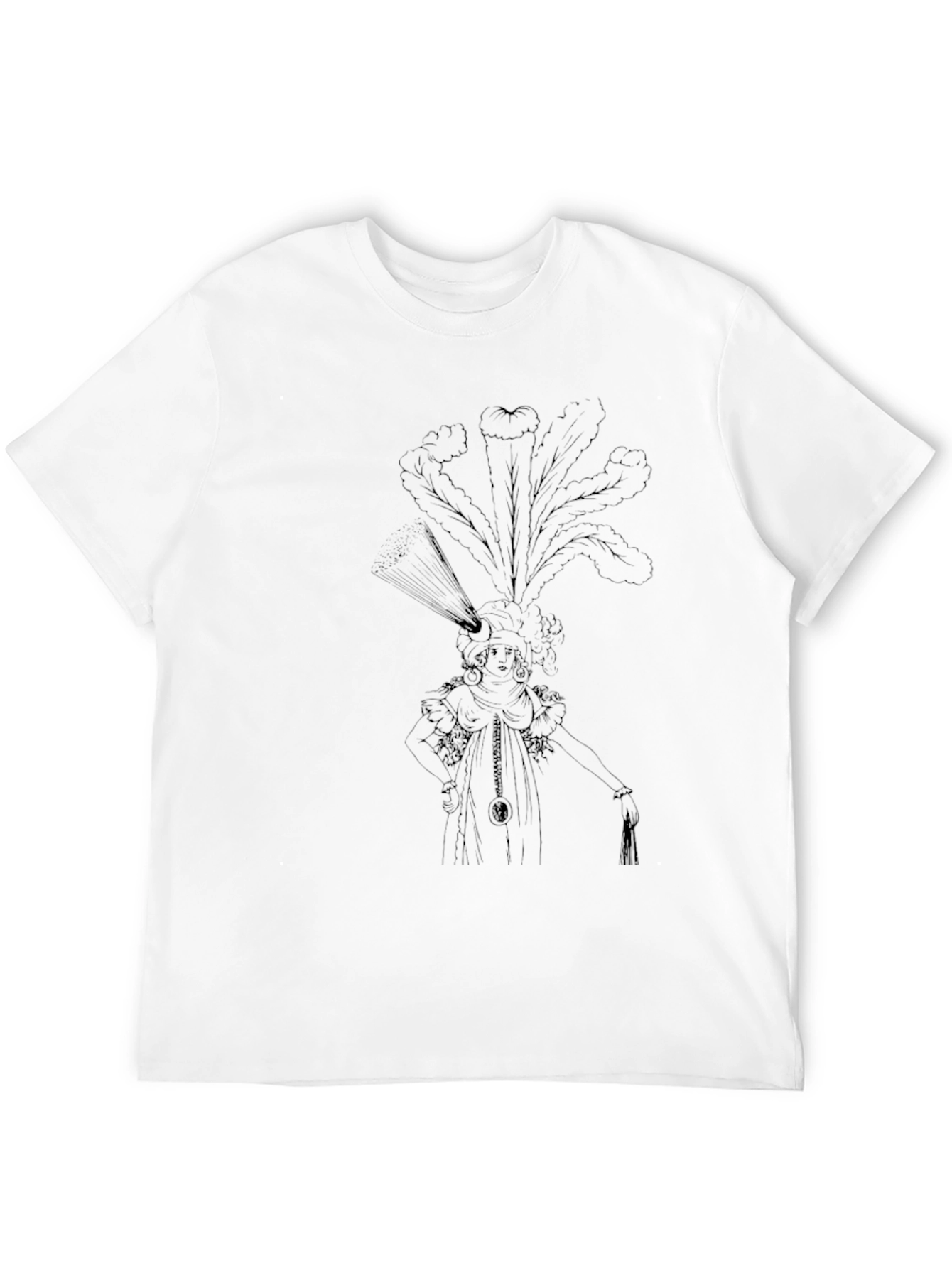 Elegant Black T-Shirt with Ornate Feather Headdress Design