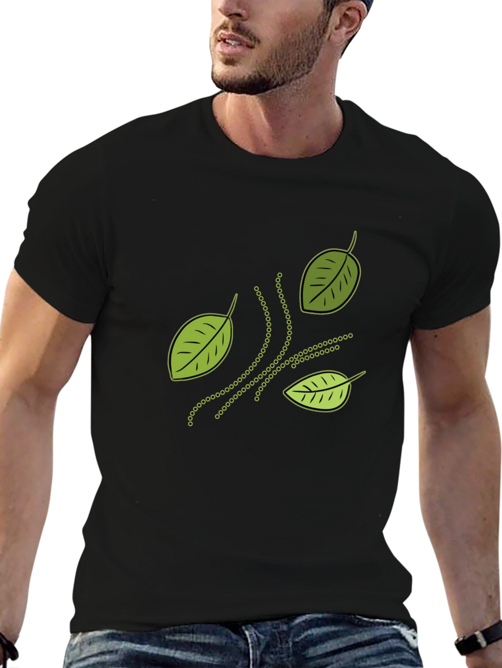 Nature Inspired Leaf Patterned Black T-Shirt