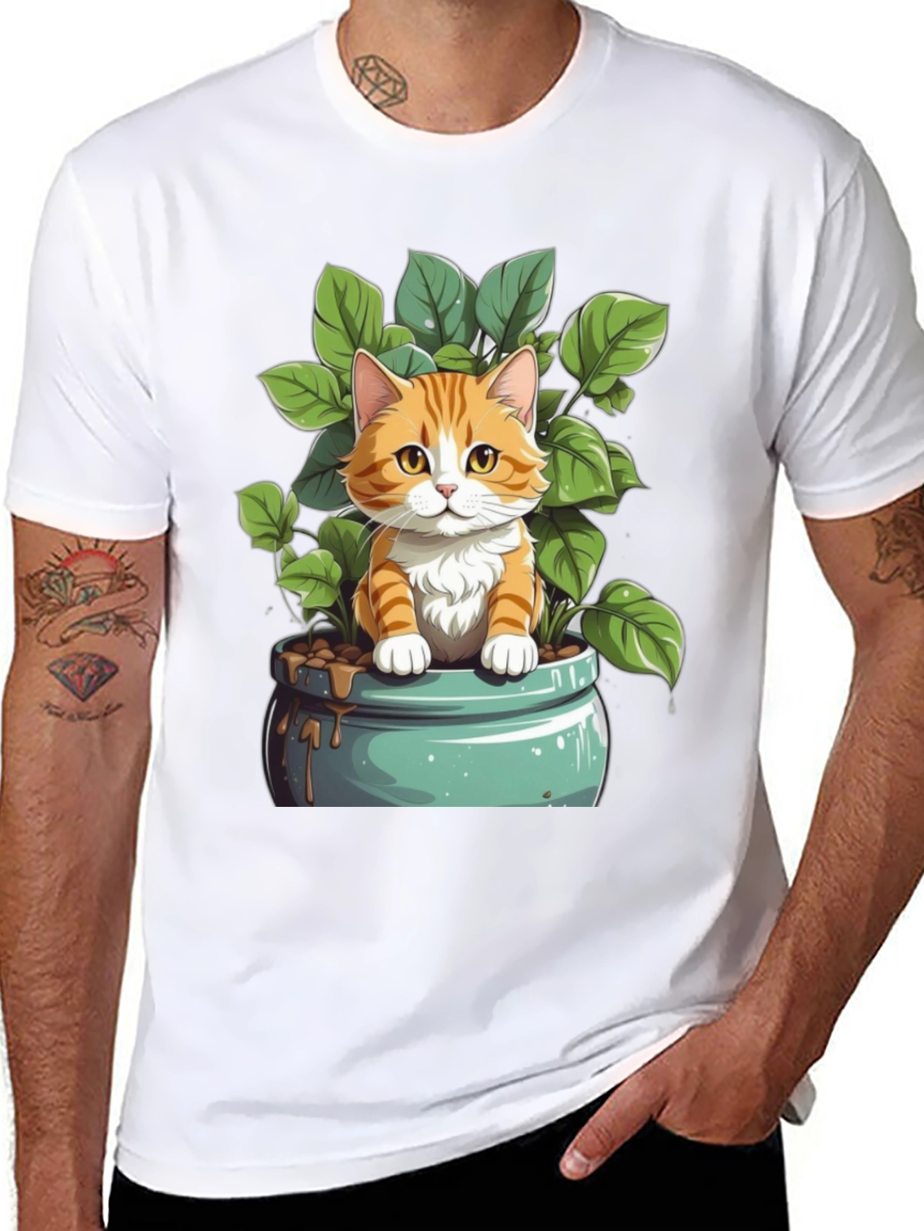 Cute Cat in Pot Plant Graphic Tee