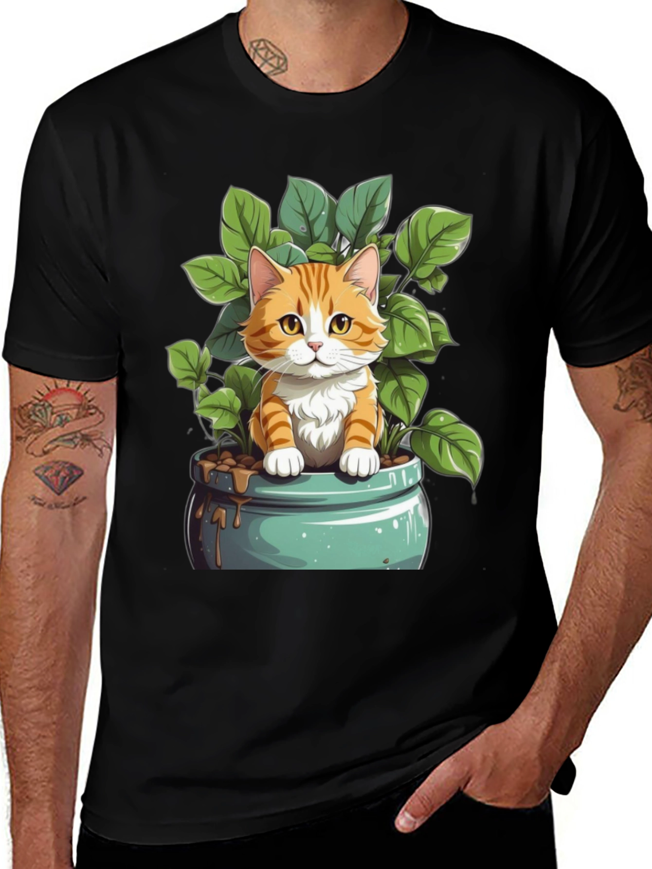 Cute Cat in Pot Plant Graphic Tee