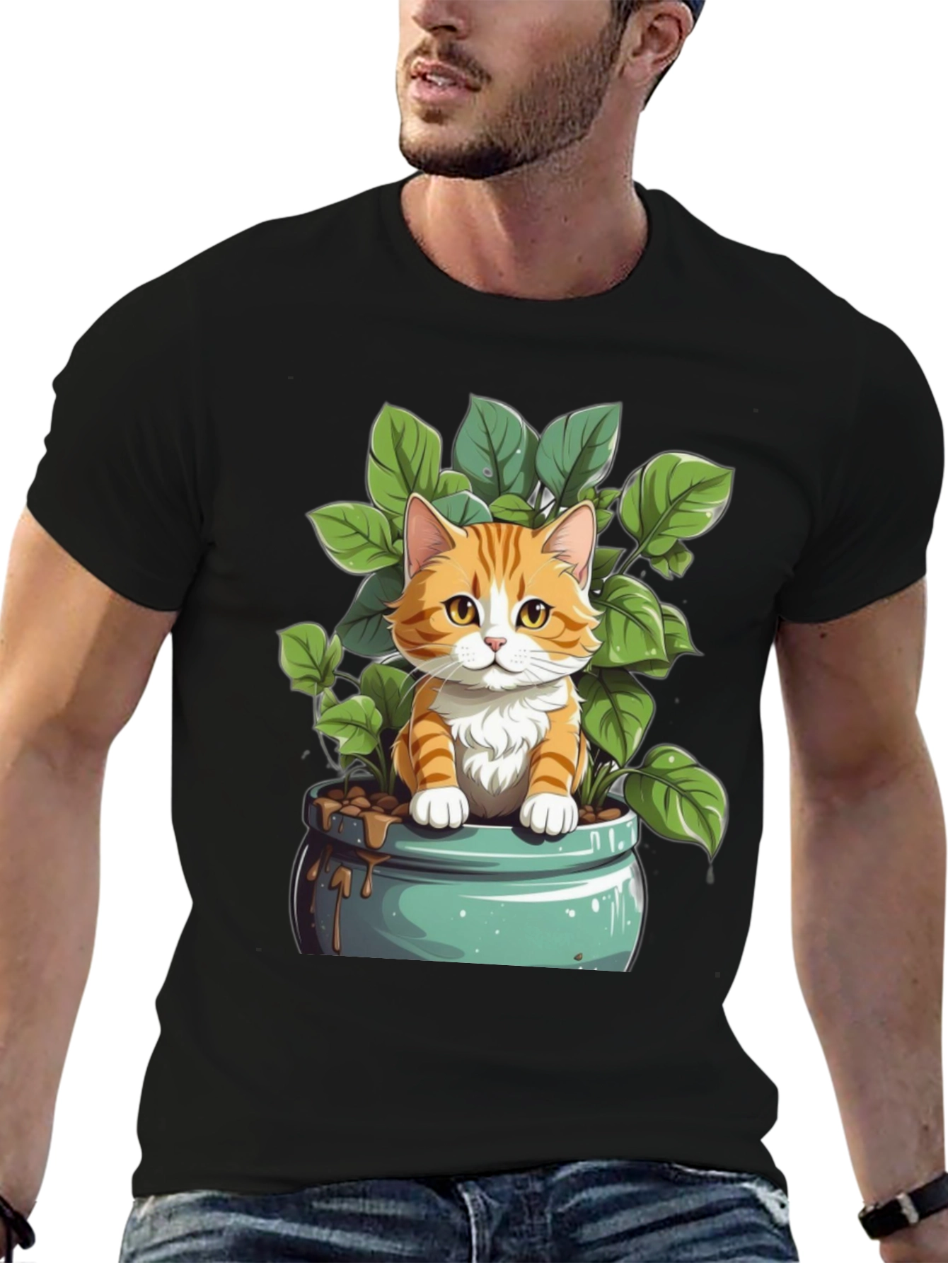 Cute Cat in Pot Plant Graphic Tee
