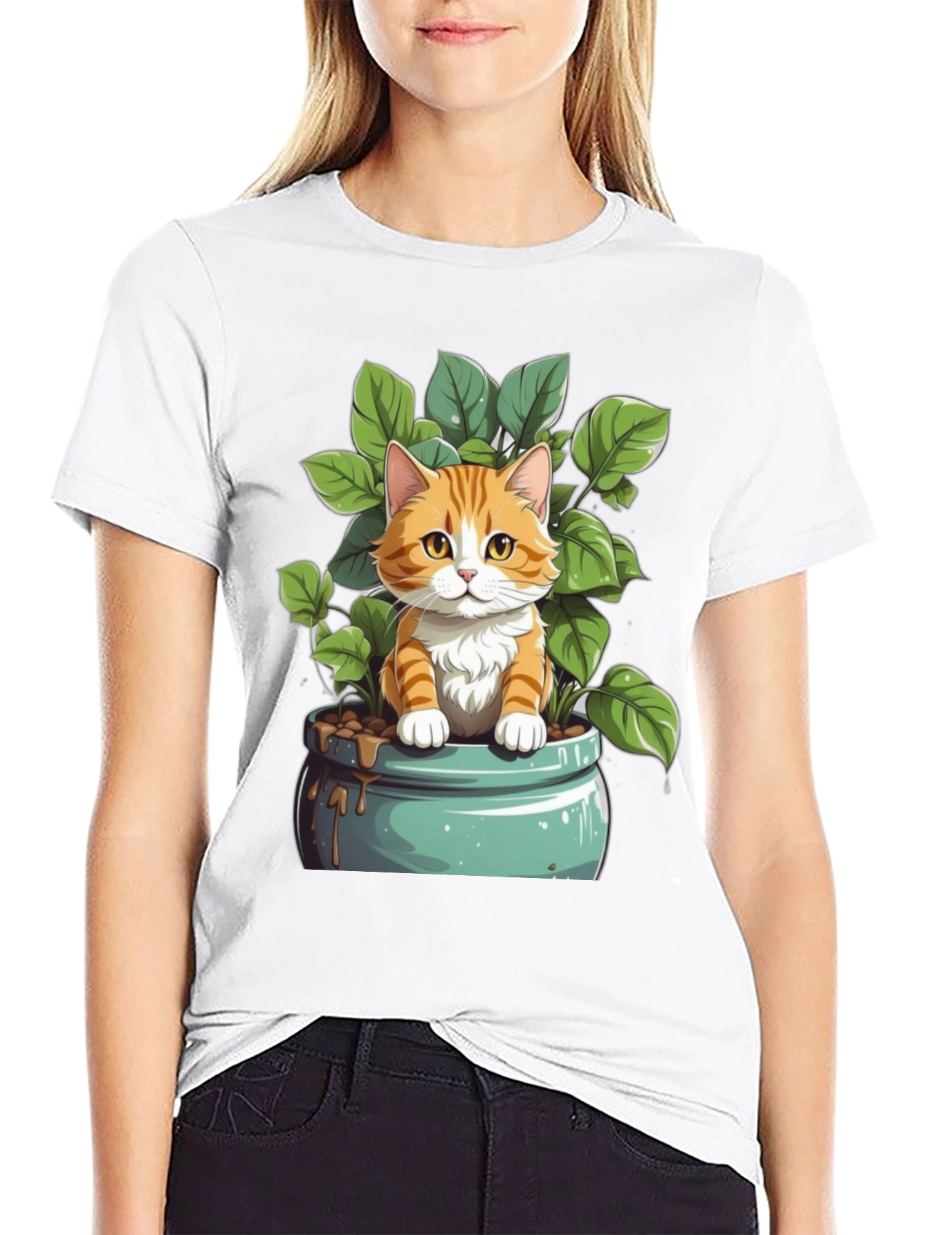 Cute Cat in Pot Plant Graphic Tee
