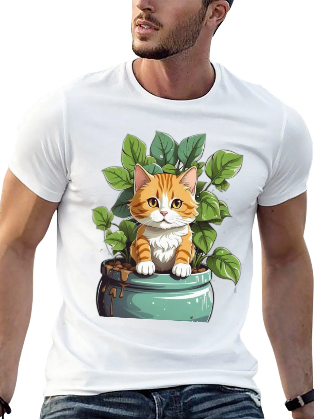 Cute Cat in Pot Plant Graphic Tee