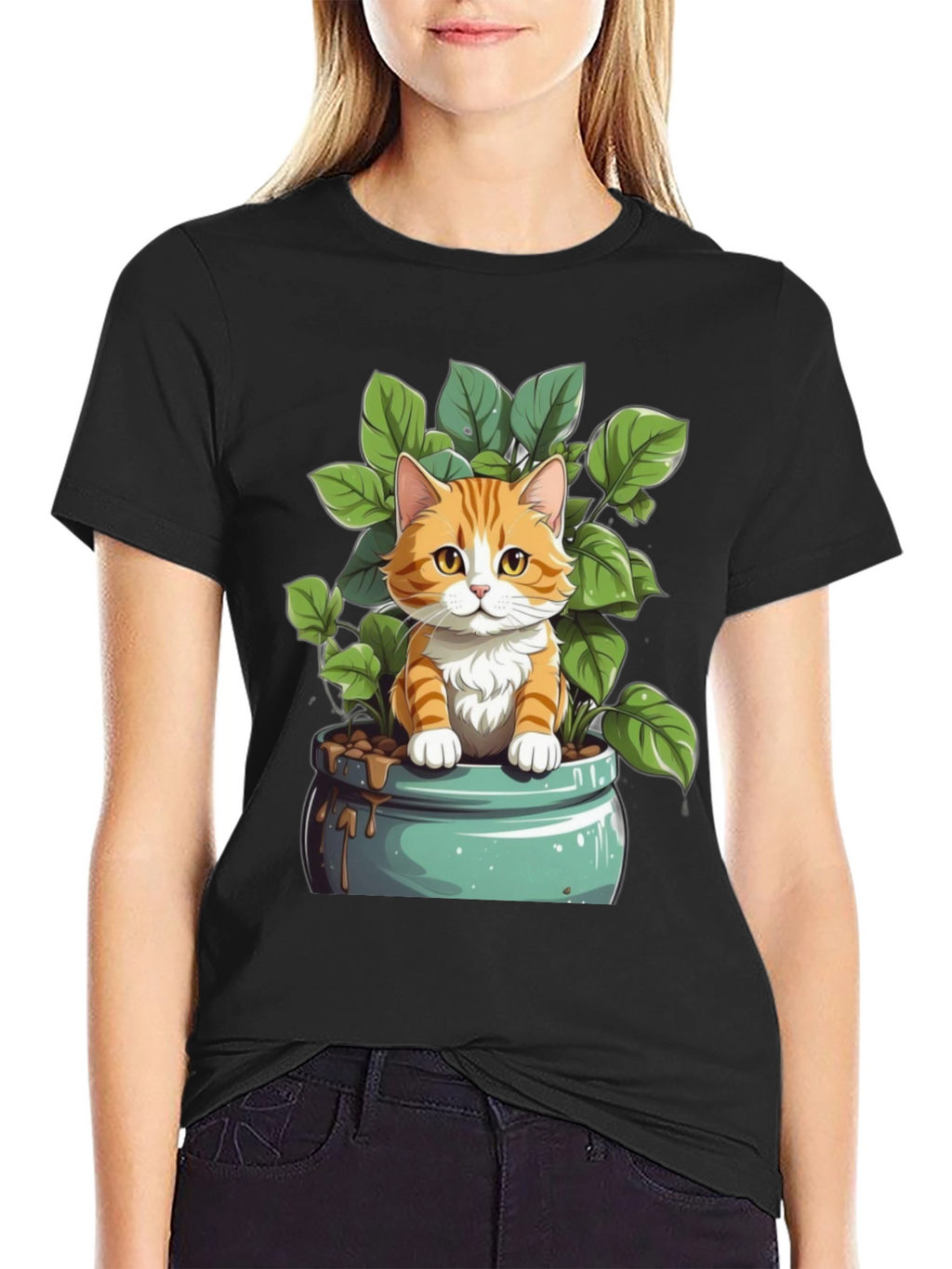 Cute Cat in Pot Plant Graphic Tee