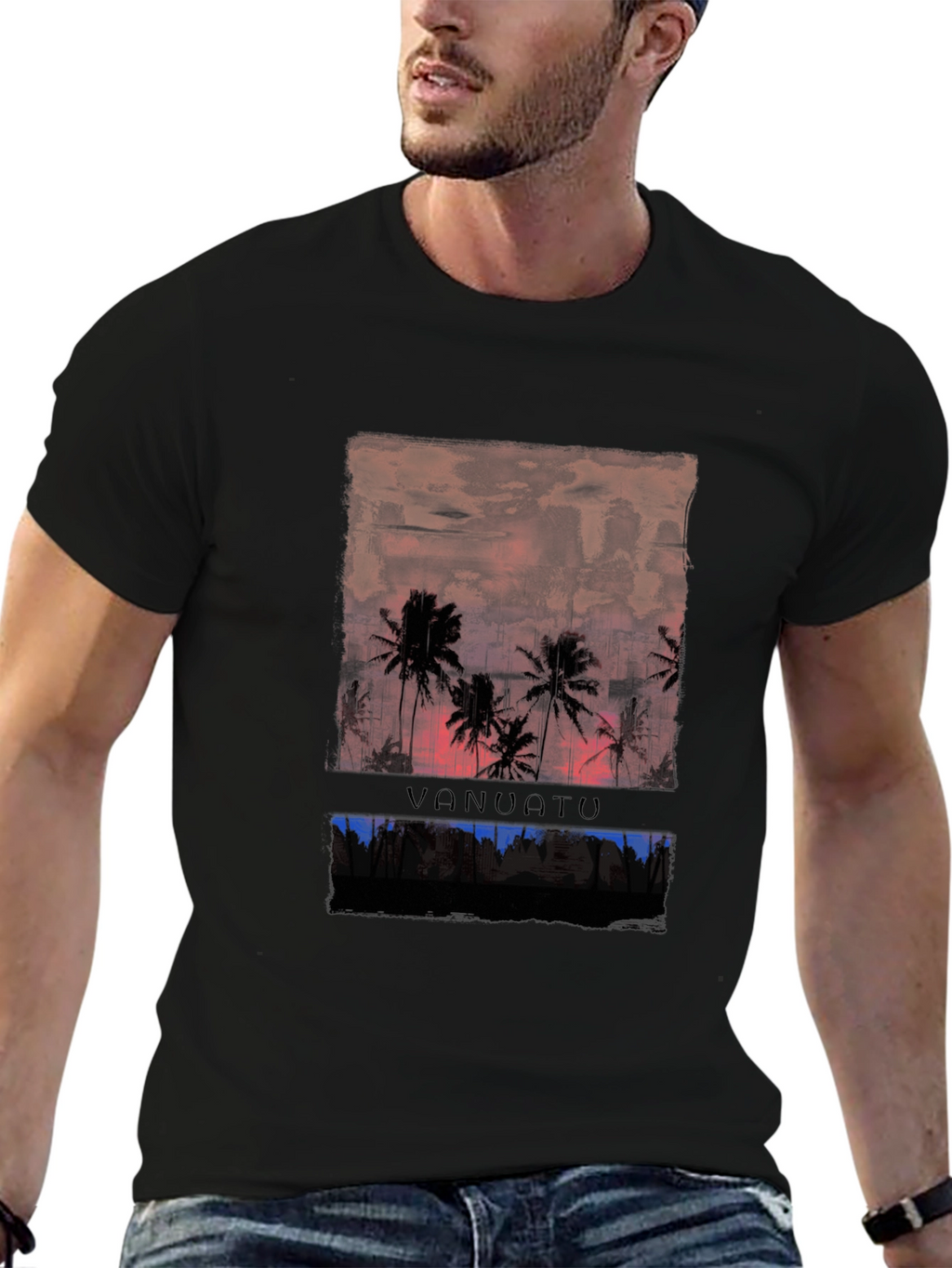 Vanuatu Sunset T-Shirt Black Palm Tree Graphic Tee
