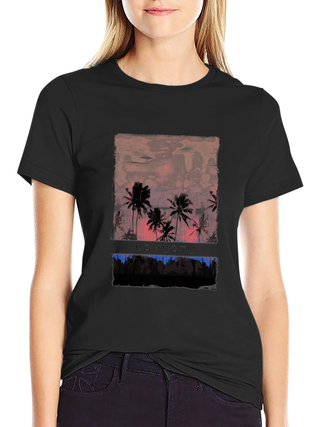 Vanuatu Sunset T-Shirt Black Palm Tree Graphic Tee
