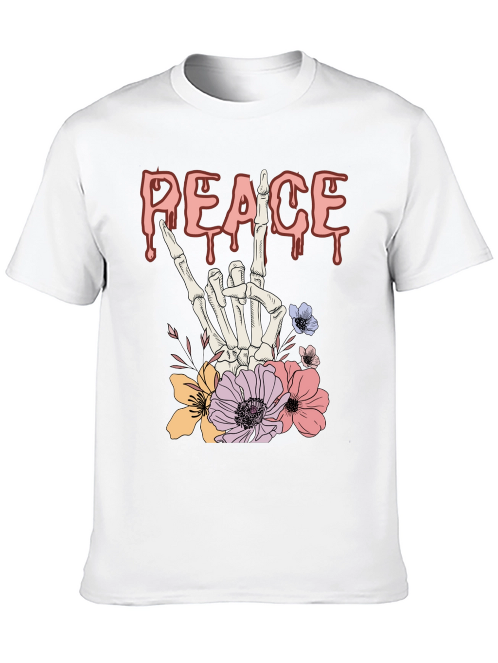 Peace Sign Skeleton Hand Floral Graphic T-Shirt