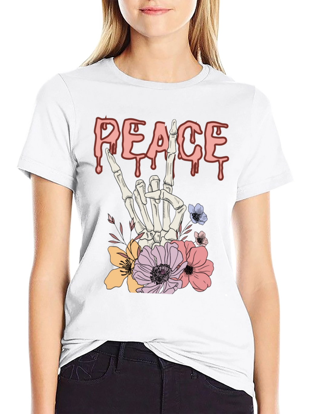 Peace Sign Skeleton Hand Floral Graphic T-Shirt