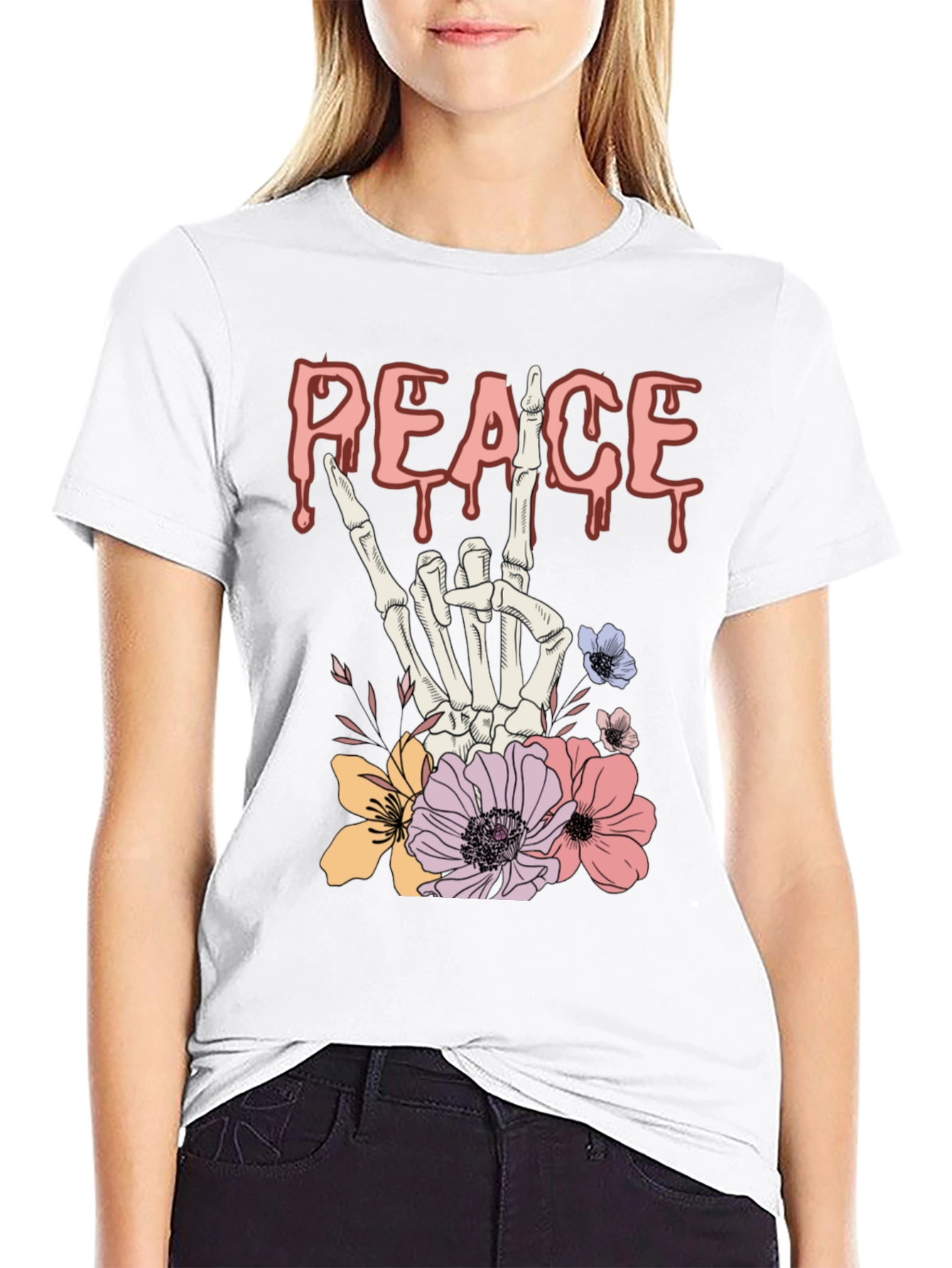 Peace Sign Skeleton Hand Floral Graphic T-Shirt