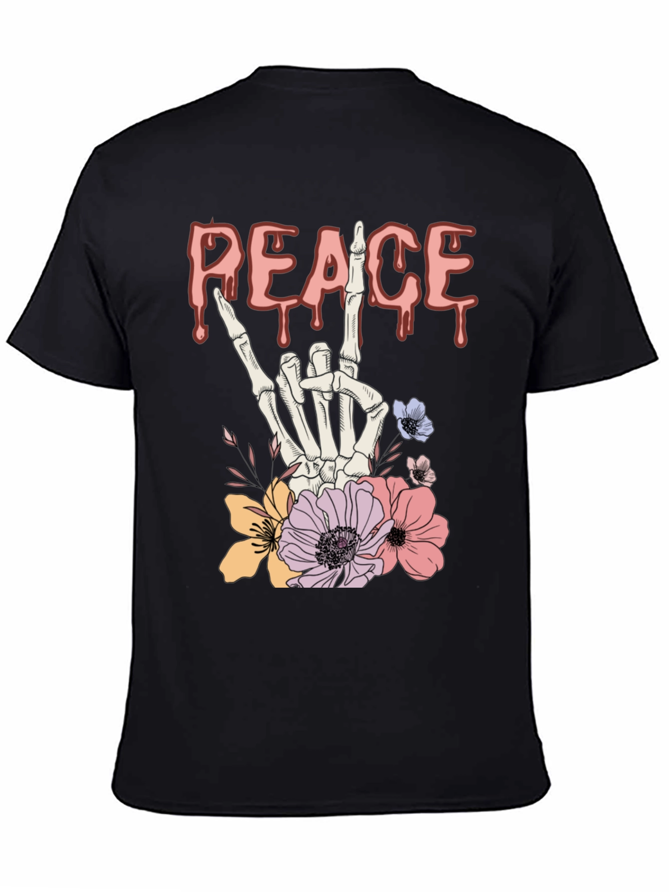 Peace Sign Skeleton Hand Floral Graphic T-Shirt
