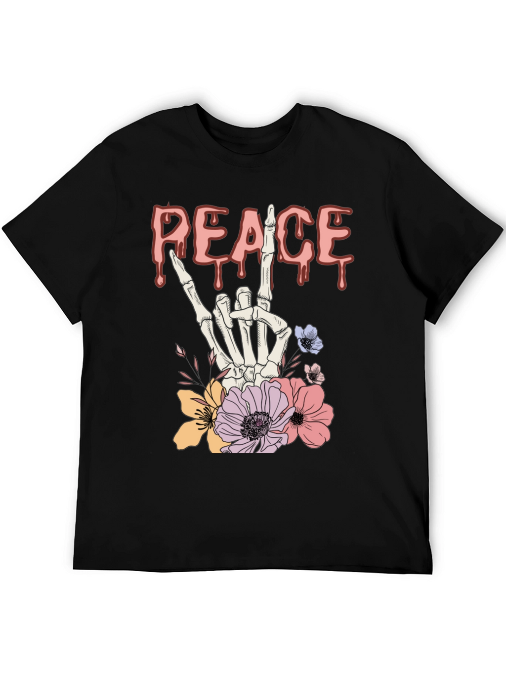Peace Sign Skeleton Hand Floral Graphic T-Shirt