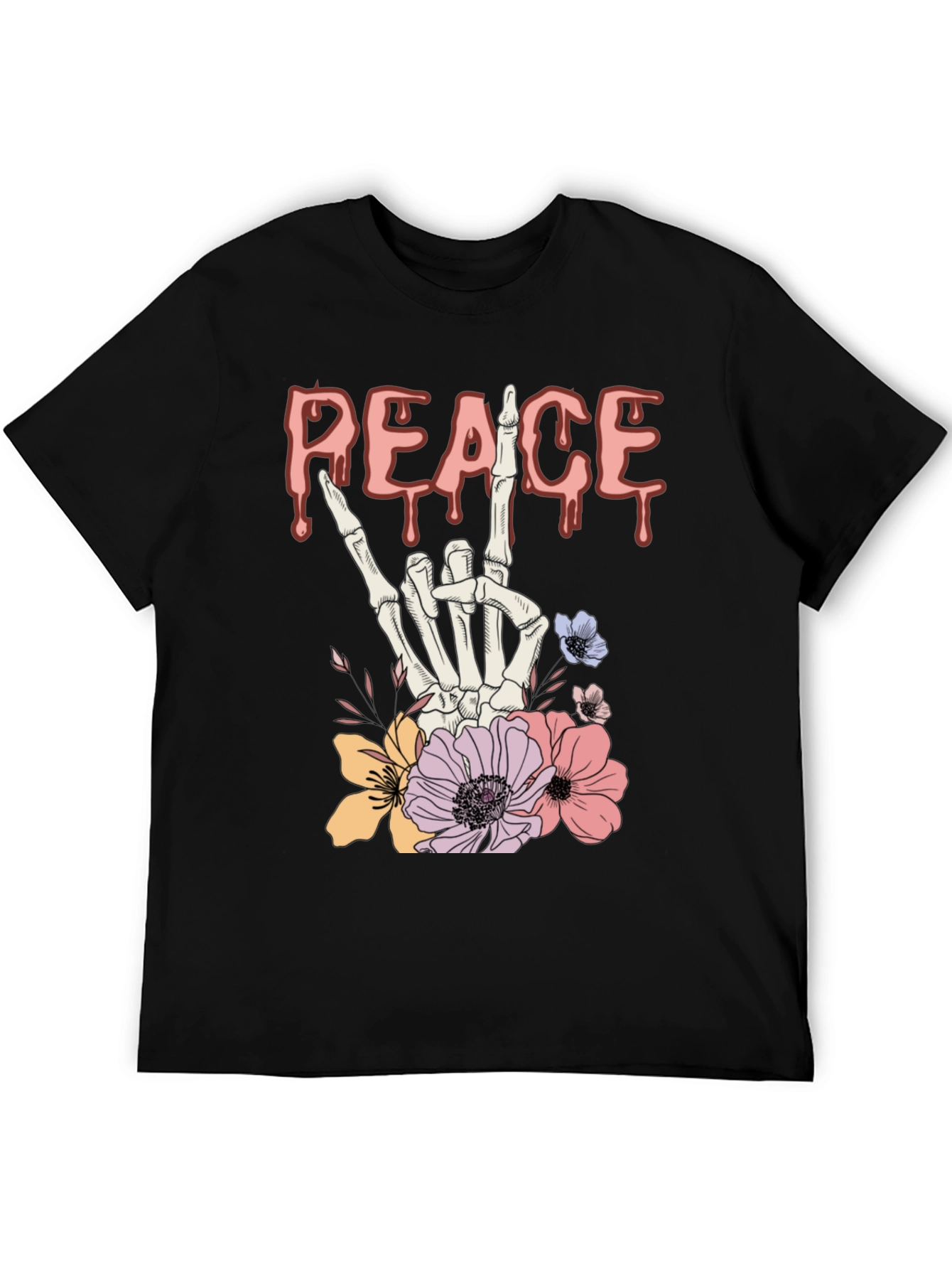 Peace Sign Skeleton Hand Floral Graphic T-Shirt
