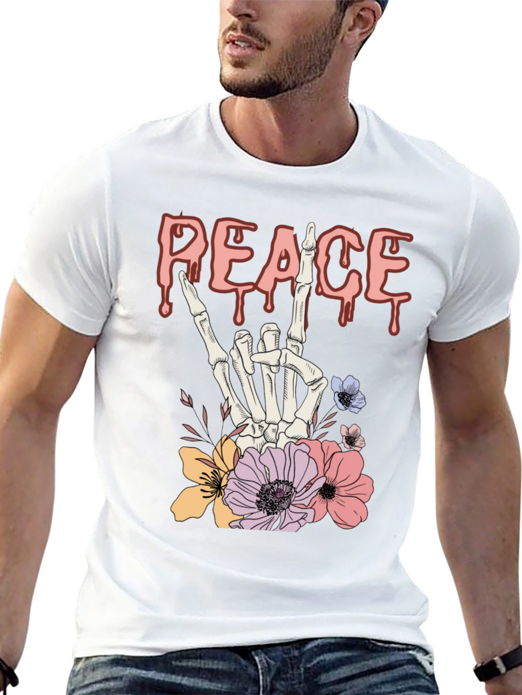 Peace Sign Skeleton Hand Floral Graphic T-Shirt