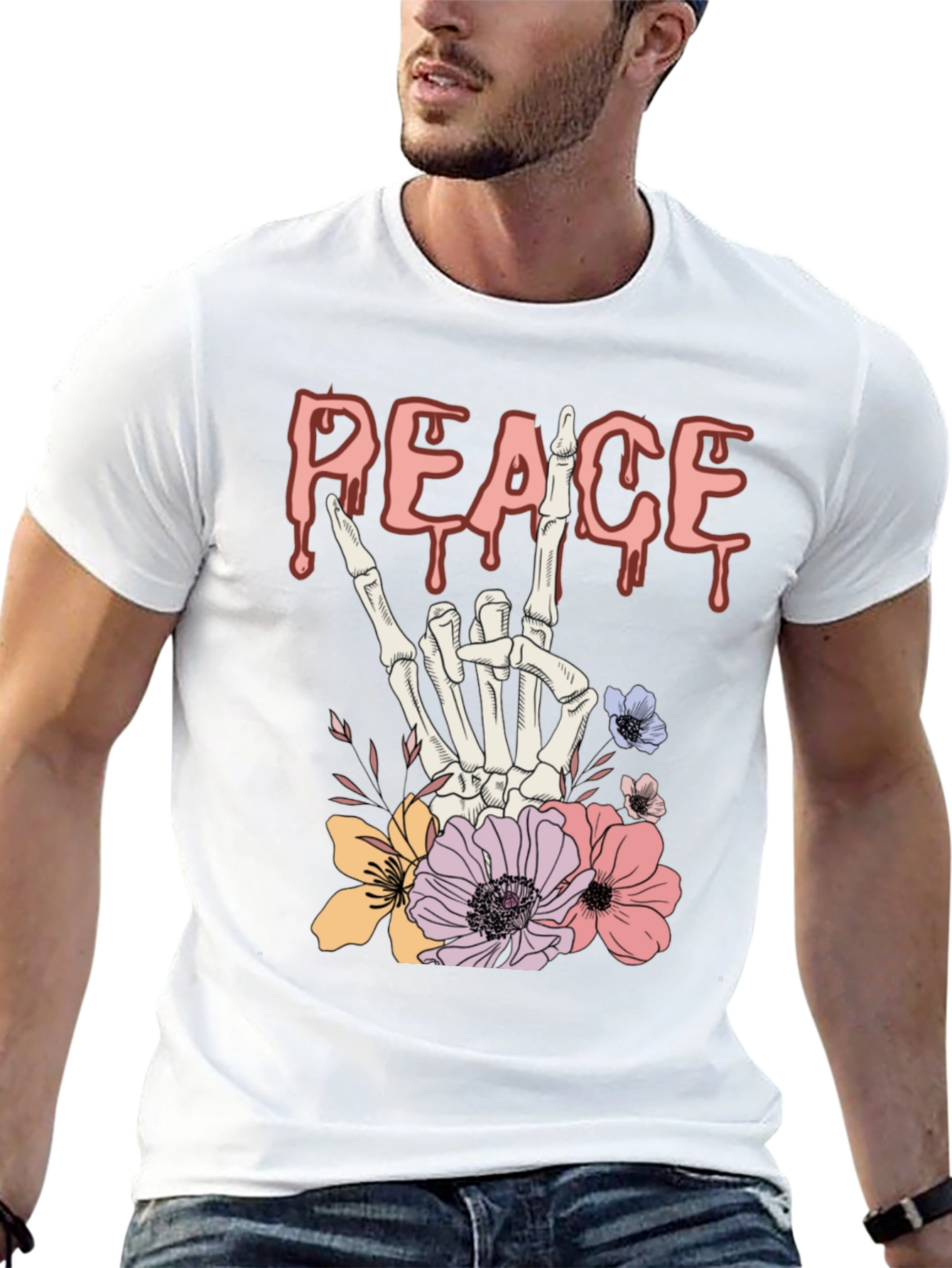 Peace Sign Skeleton Hand Floral Graphic T-Shirt
