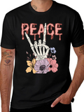 Peace Sign Skeleton Hand Floral Graphic T-Shirt