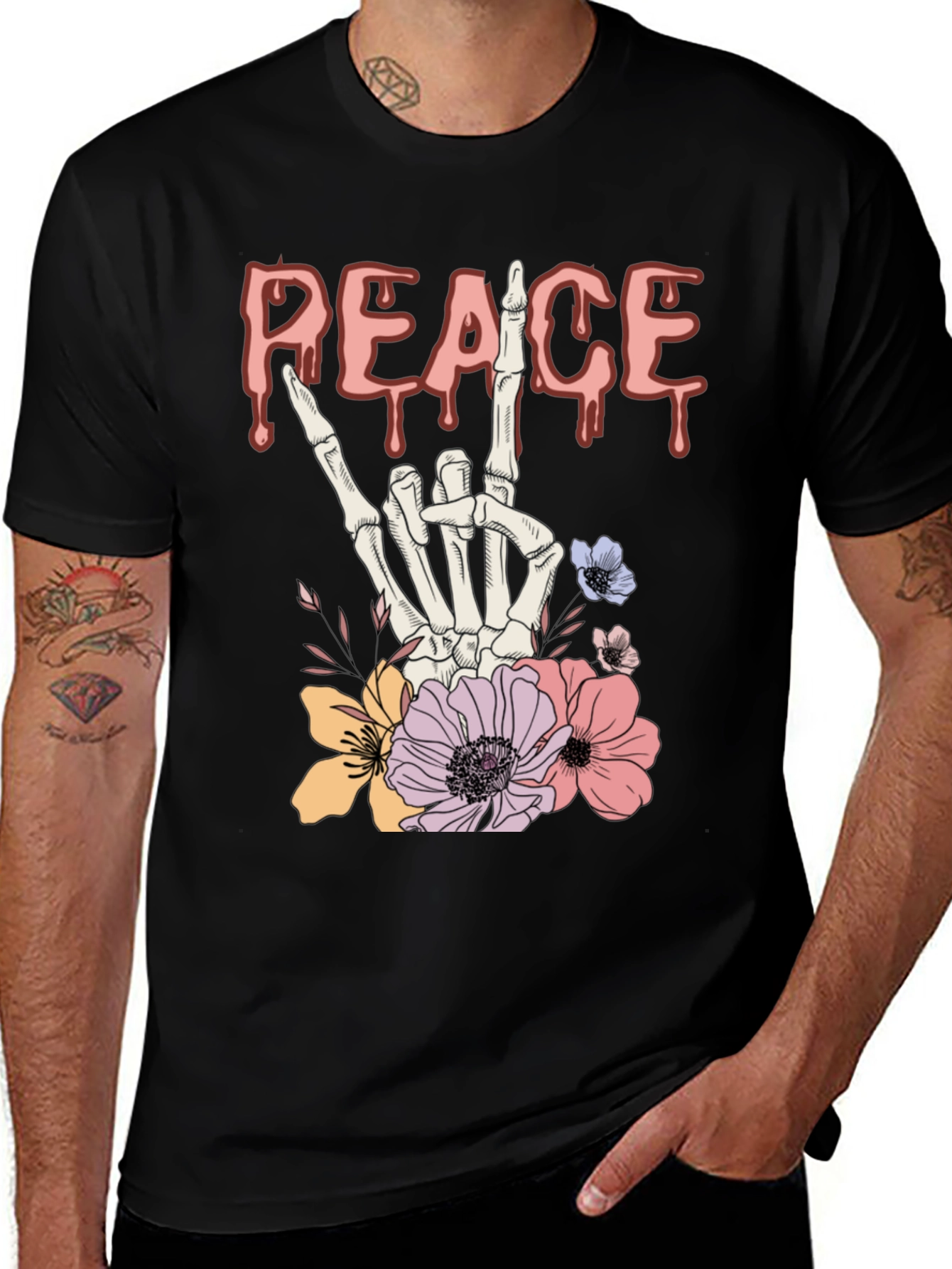 Peace Sign Skeleton Hand Floral Graphic T-Shirt