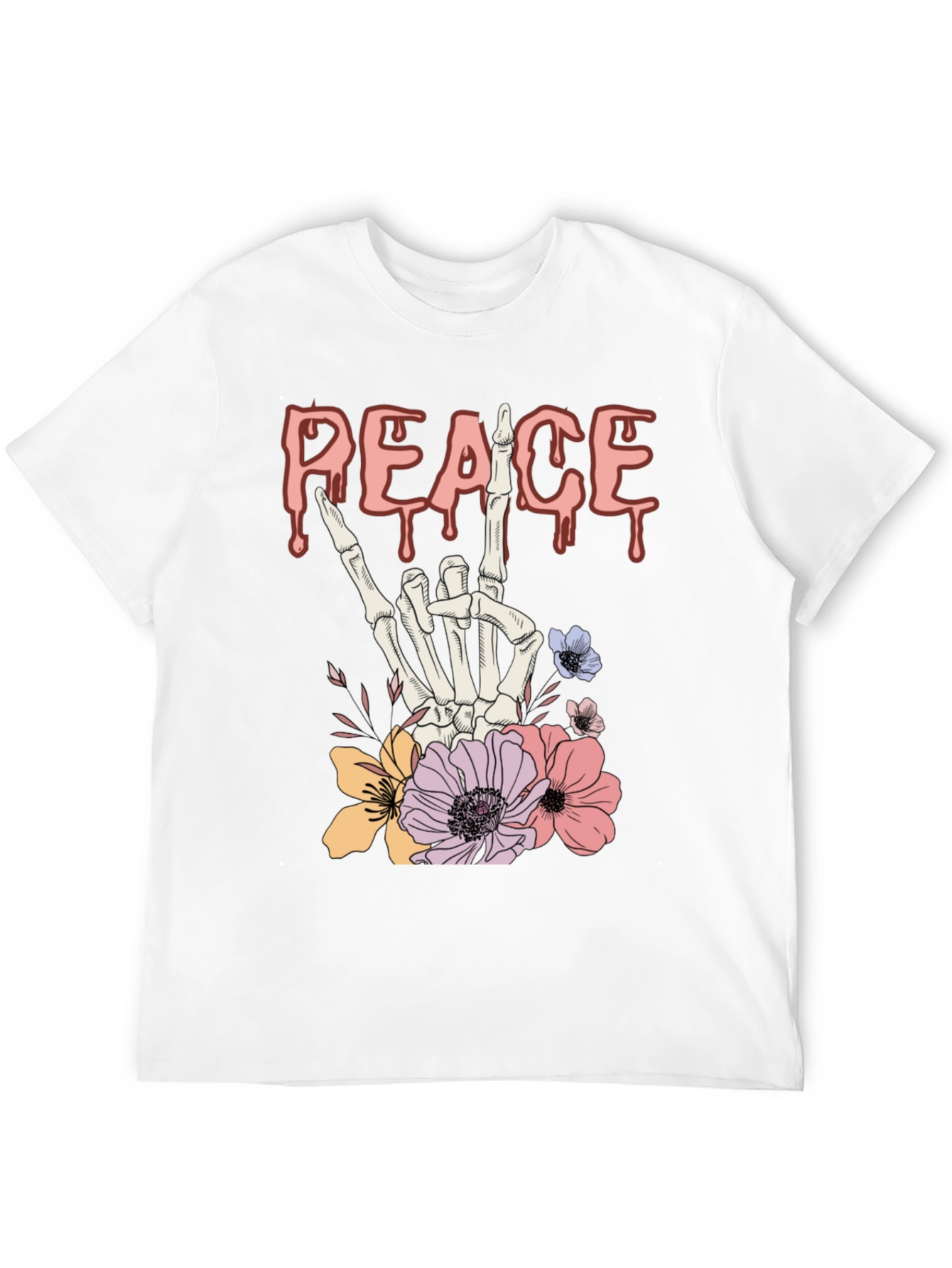 Peace Sign Skeleton Hand Floral Graphic T-Shirt