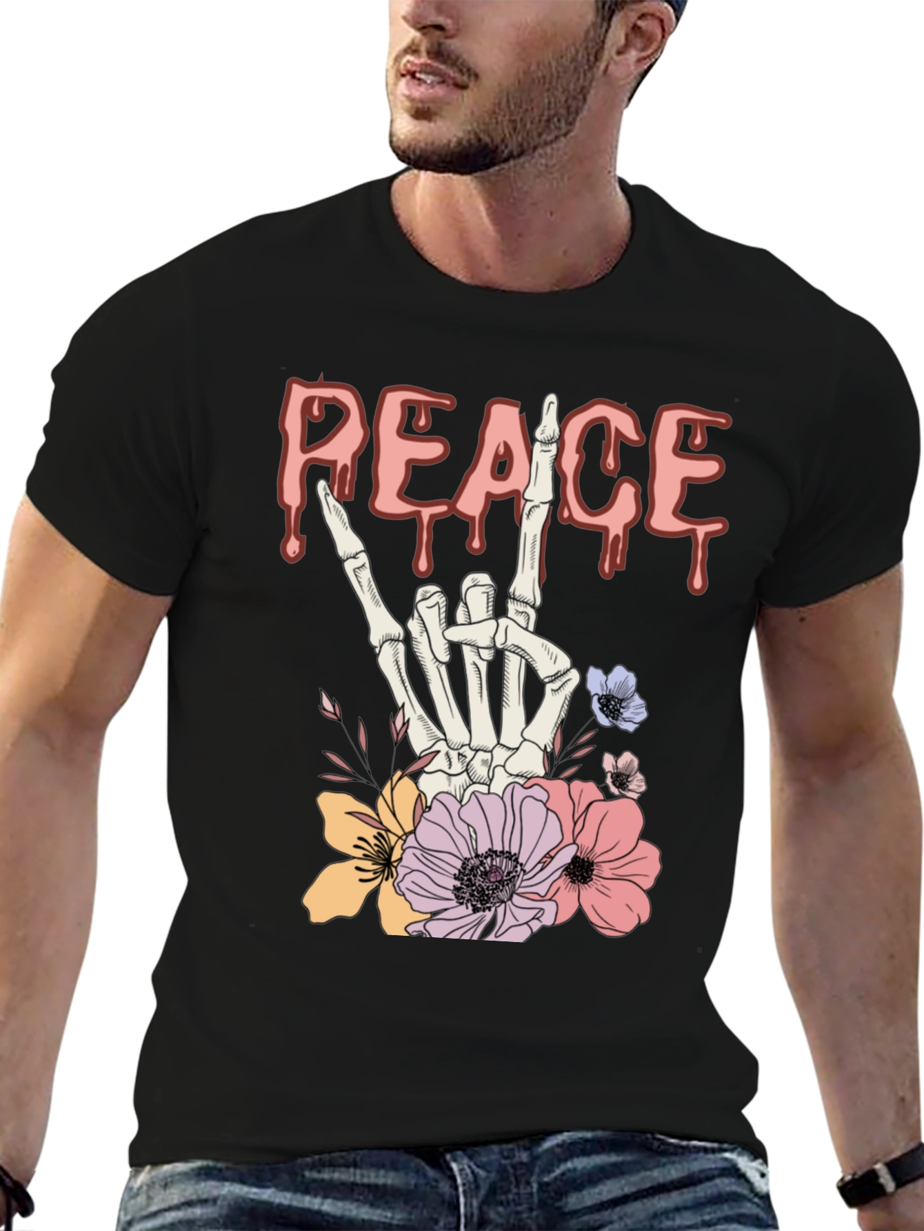 Peace Sign Skeleton Hand Floral Graphic T-Shirt