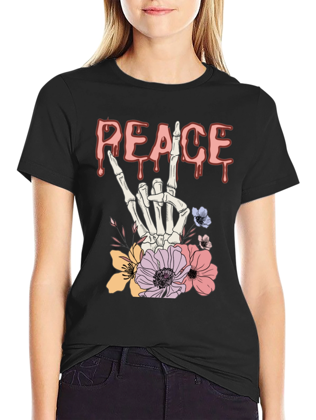 Peace Sign Skeleton Hand Floral Graphic T-Shirt