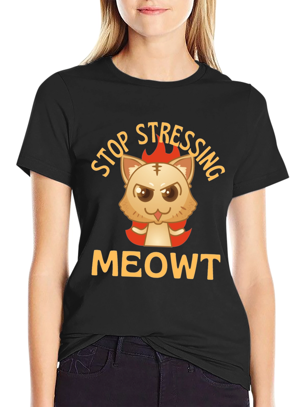 Stop Stressing MeOWT Cat Graphic Black T-Shirt
