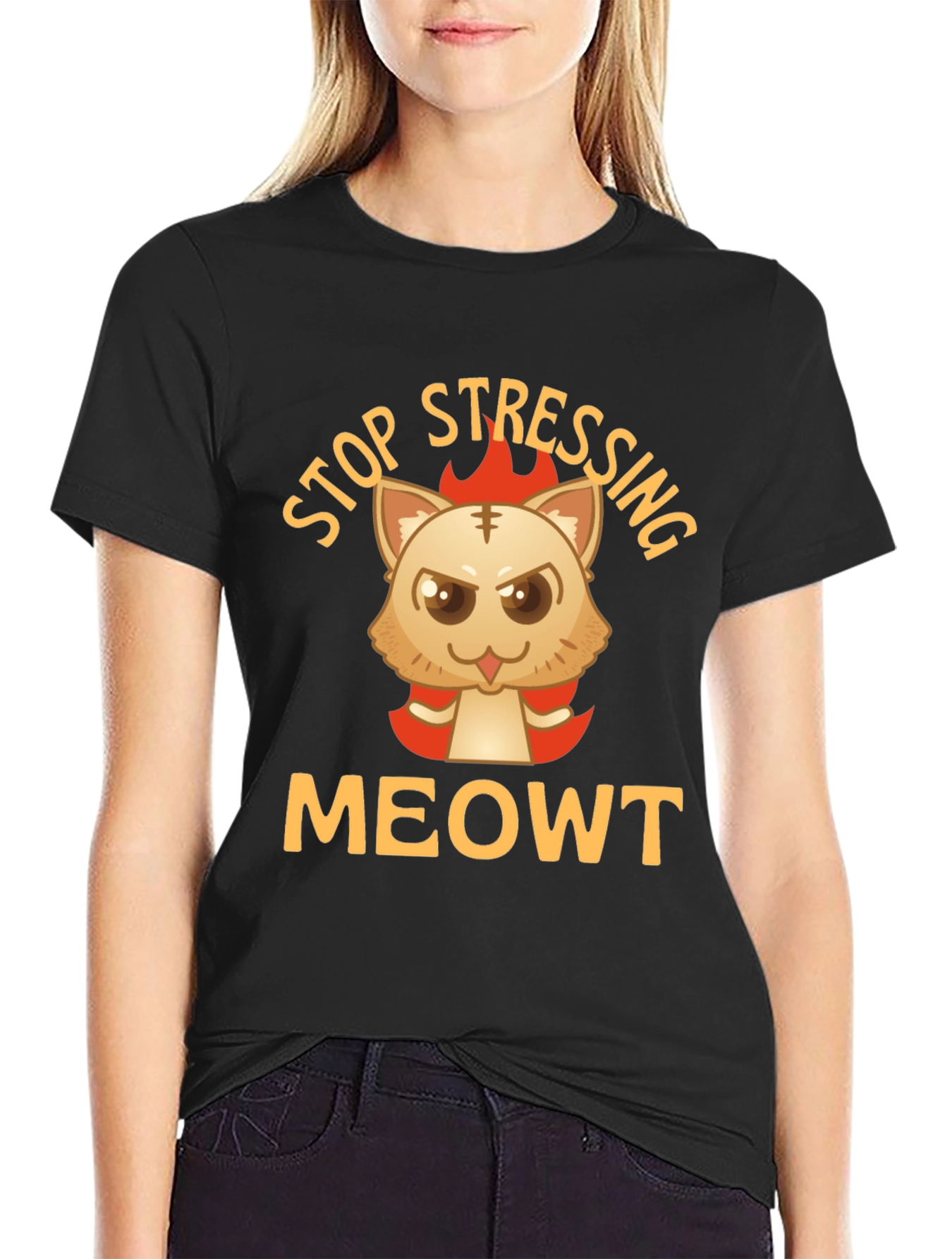 Stop Stressing MeOWT Cat Graphic Black T-Shirt
