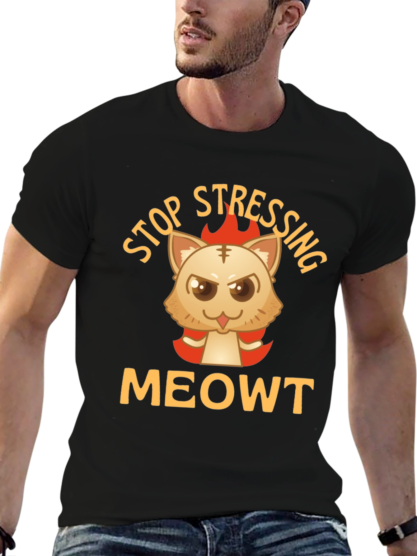 Stop Stressing MeOWT Cat Graphic Black T-Shirt