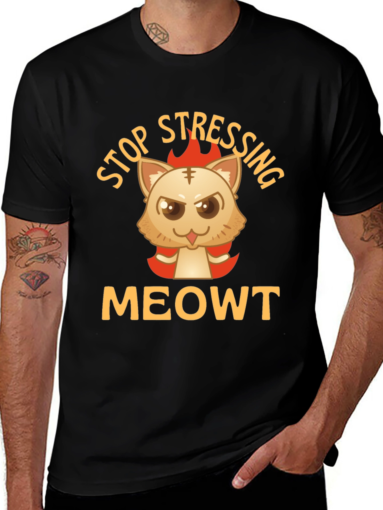 Stop Stressing MeOWT Cat Graphic Black T-Shirt