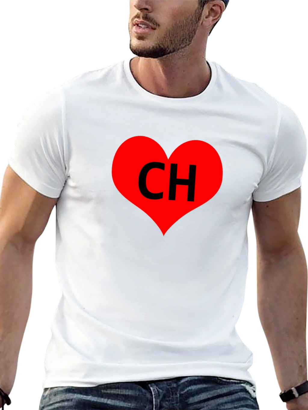 Black T-Shirt with Red Heart CH Graphic Print