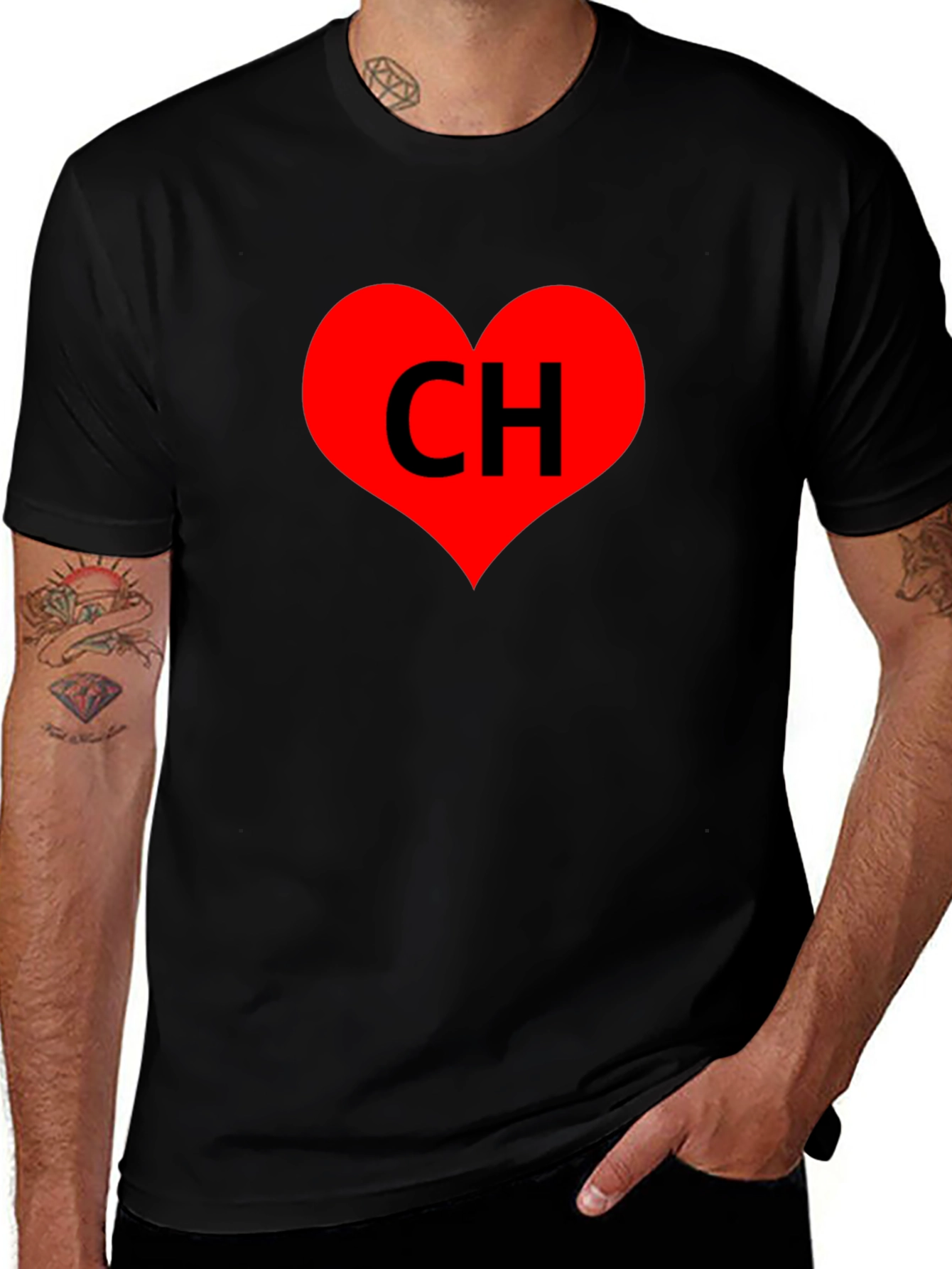 Black T-Shirt with Red Heart CH Graphic Print