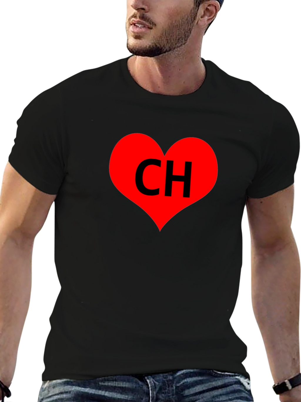 Black T-Shirt with Red Heart CH Graphic Print