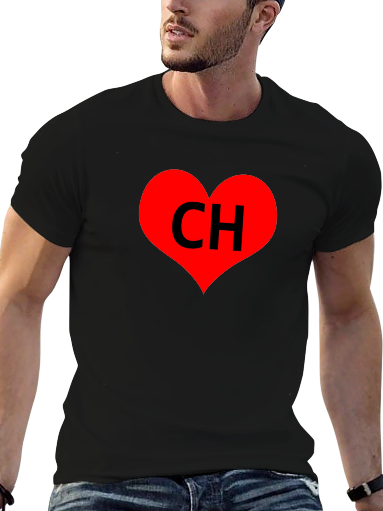 Black T-Shirt with Red Heart CH Graphic Print