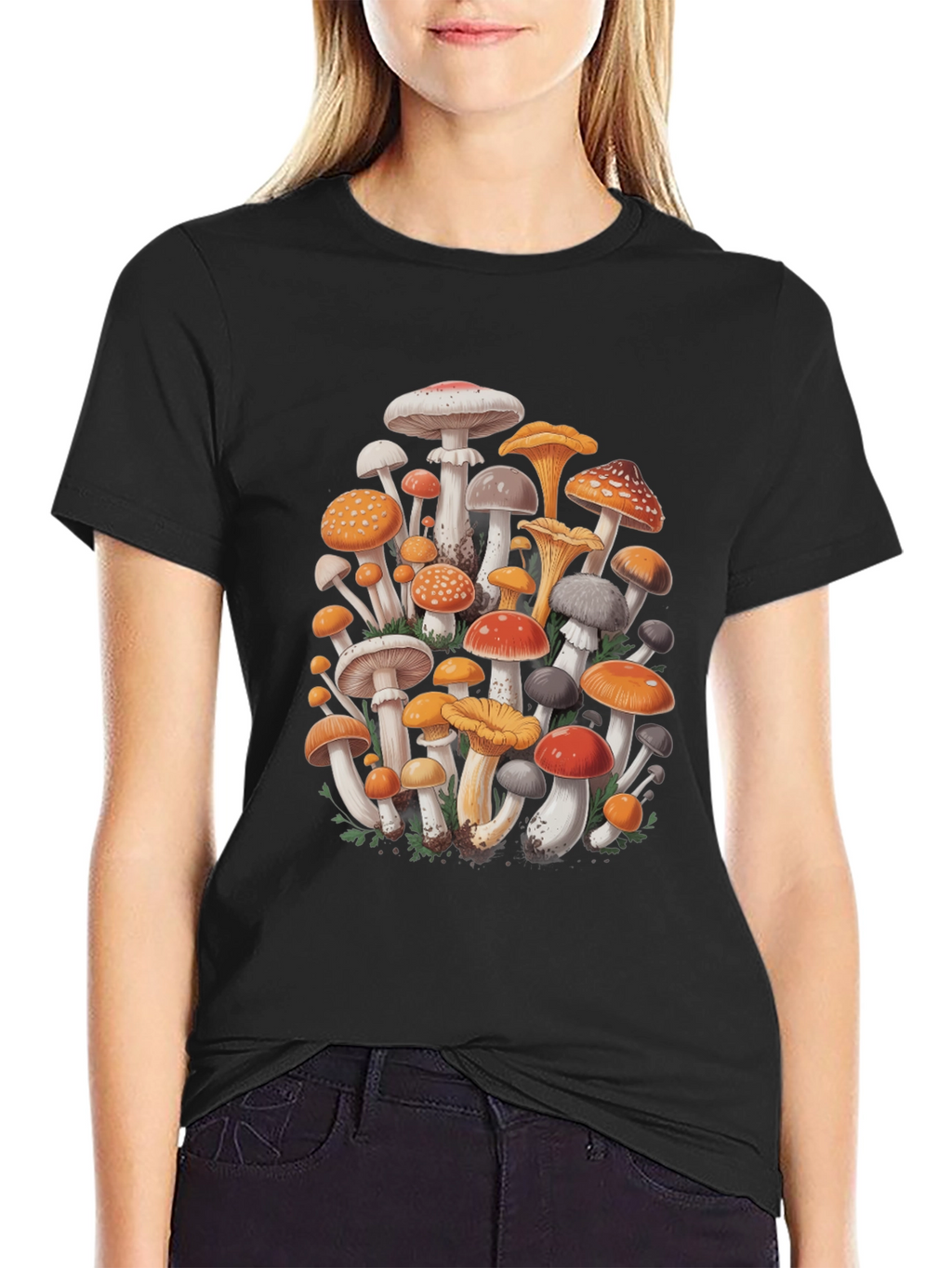 Mushroom Print Graphic Tee - Black Cotton Blend