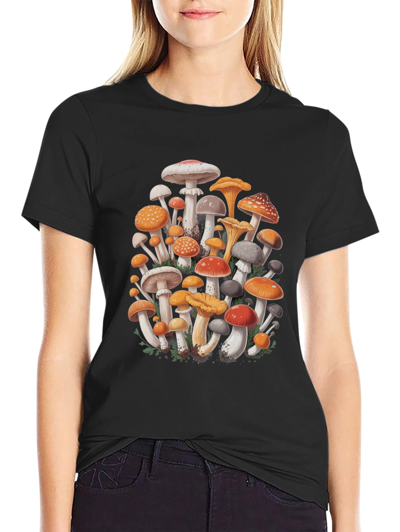 Mushroom Print Graphic Tee - Black Cotton Blend