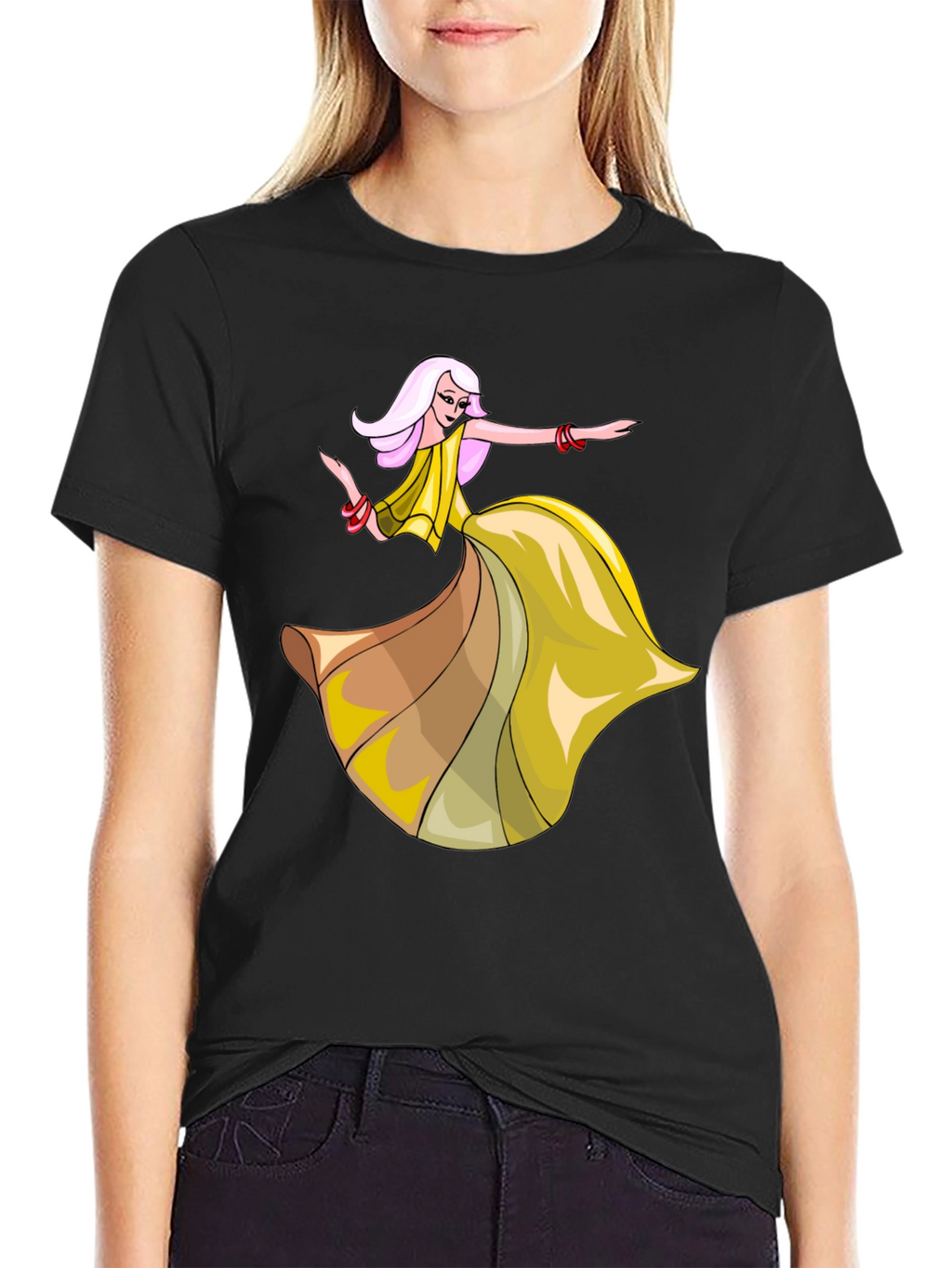 Stylish Black T-Shirt with Dancing Woman Graphic