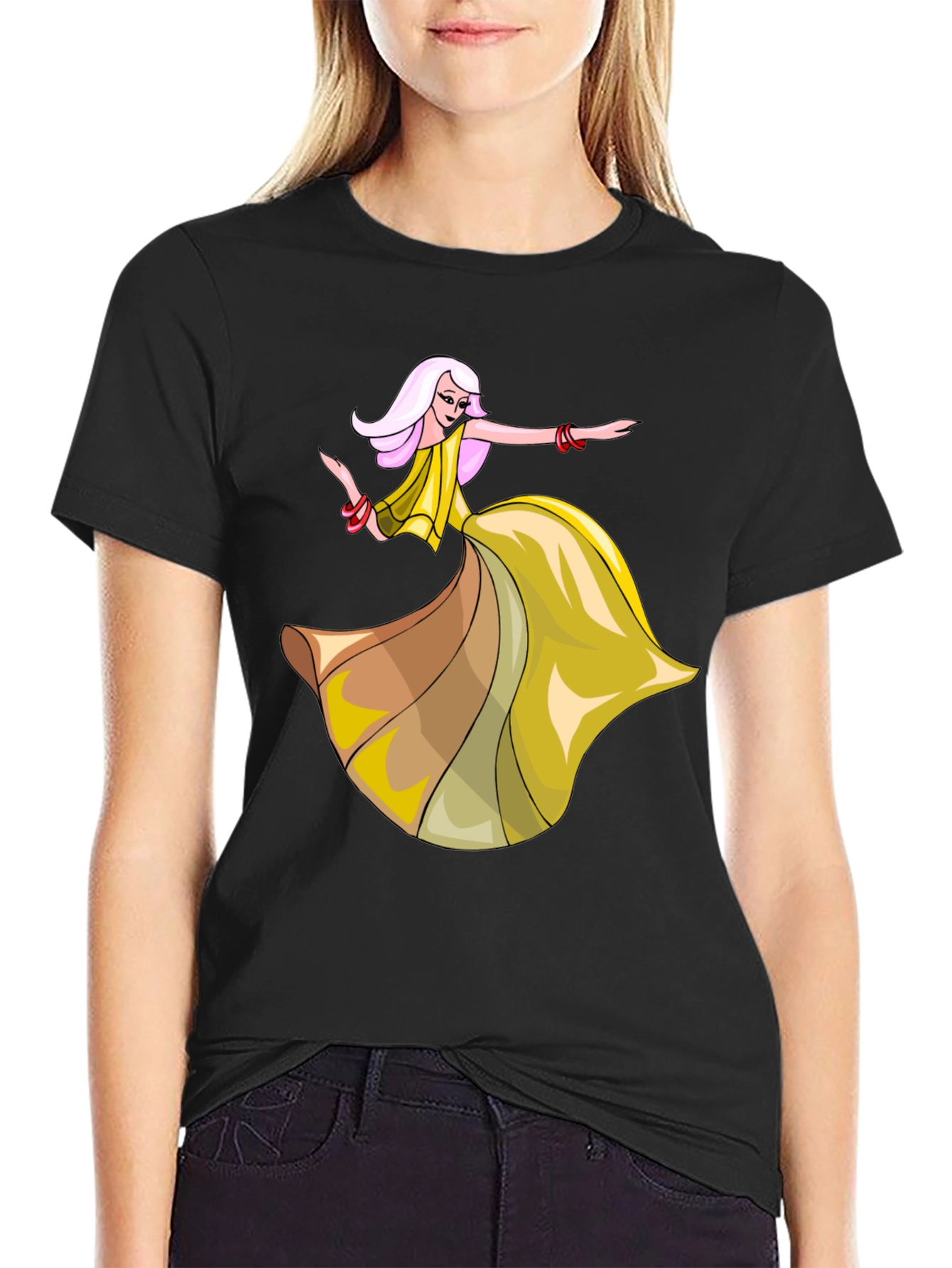 Stylish Black T-Shirt with Dancing Woman Graphic