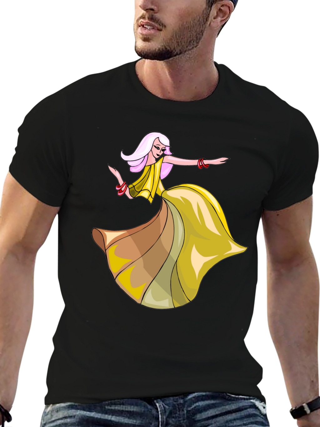 Stylish Black T-Shirt with Dancing Woman Graphic