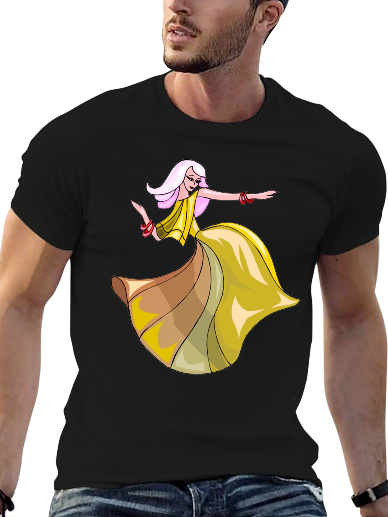 Stylish Black T-Shirt with Dancing Woman Graphic