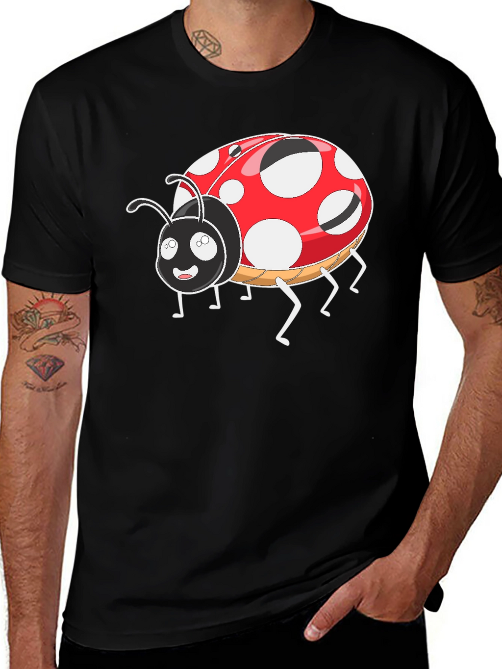 Ladybug Cartoon Graphic T-Shirt - Black Casual Tee