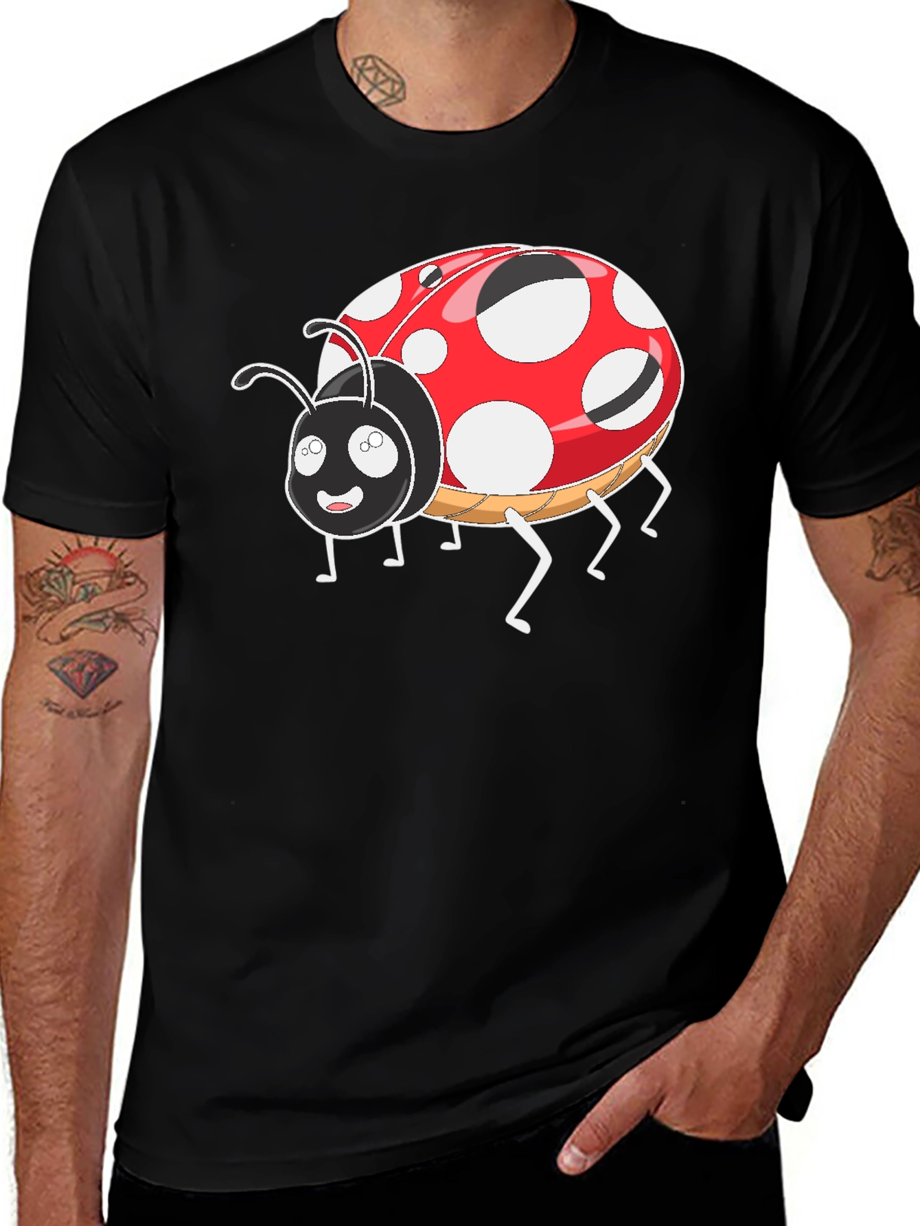 Ladybug Cartoon Graphic T-Shirt - Black Casual Tee