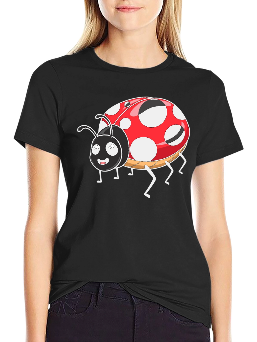 Ladybug Cartoon Graphic T-Shirt - Black Casual Tee