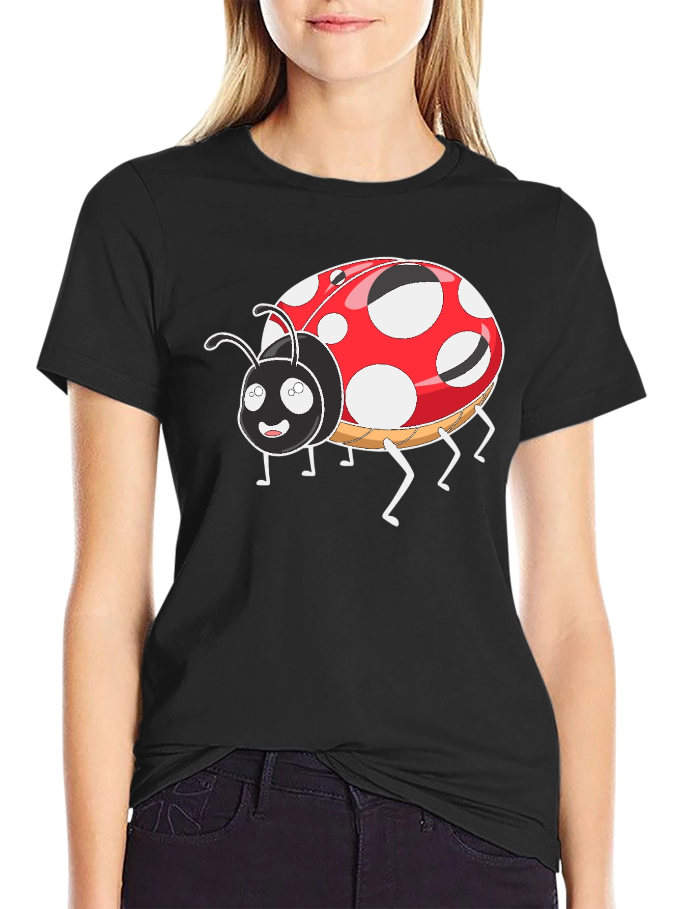 Ladybug Cartoon Graphic T-Shirt - Black Casual Tee