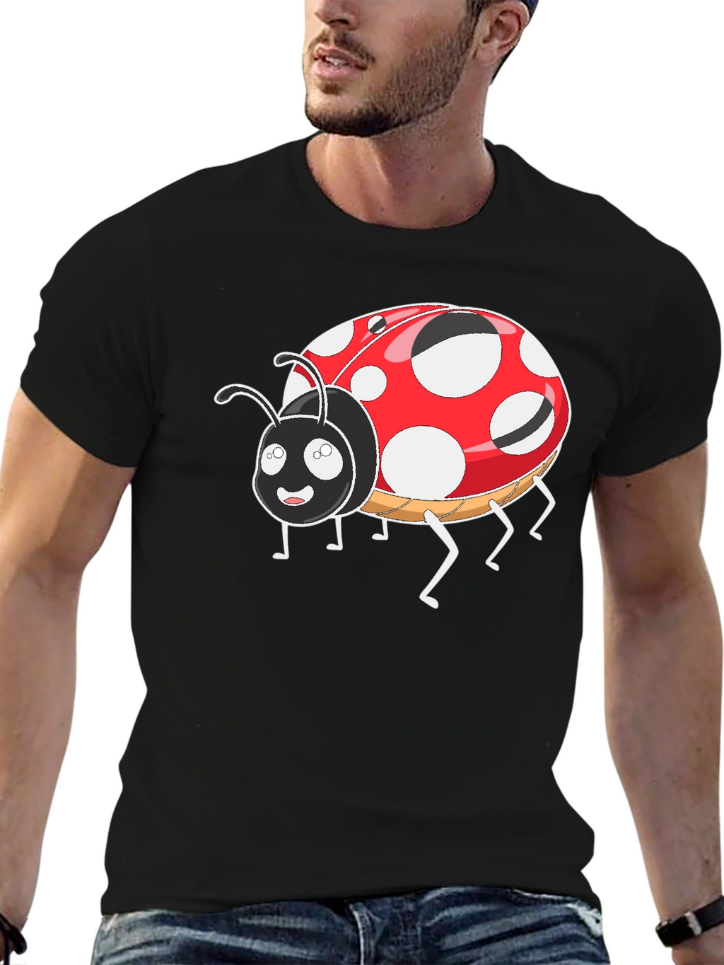 Ladybug Cartoon Graphic T-Shirt - Black Casual Tee