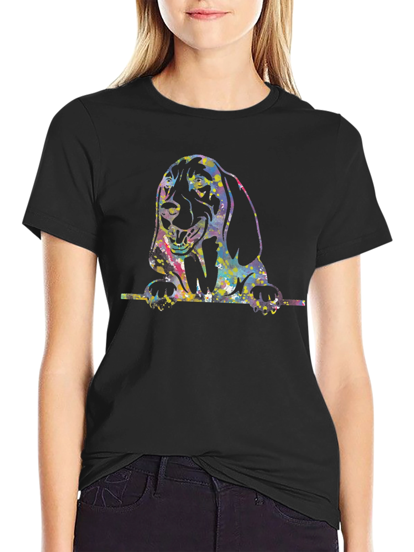 Colorful Dog Graphic Black T-Shirt