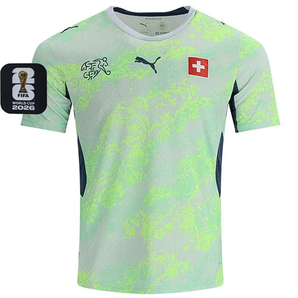 2026/27 Switzerland Away Yellow Fans Soccer Jersey (Have Right Patch 有右臂章 黑底白字） Front