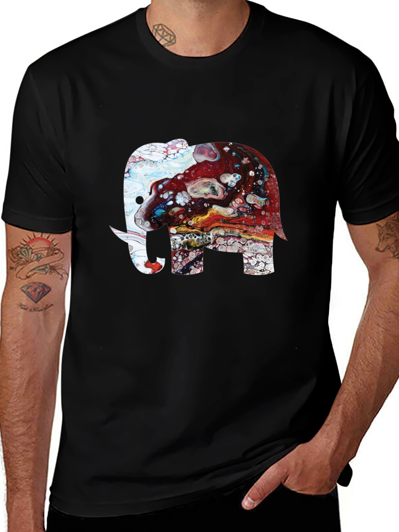Elephant Art Print Graphic Tee - Mens Black T-Shirt