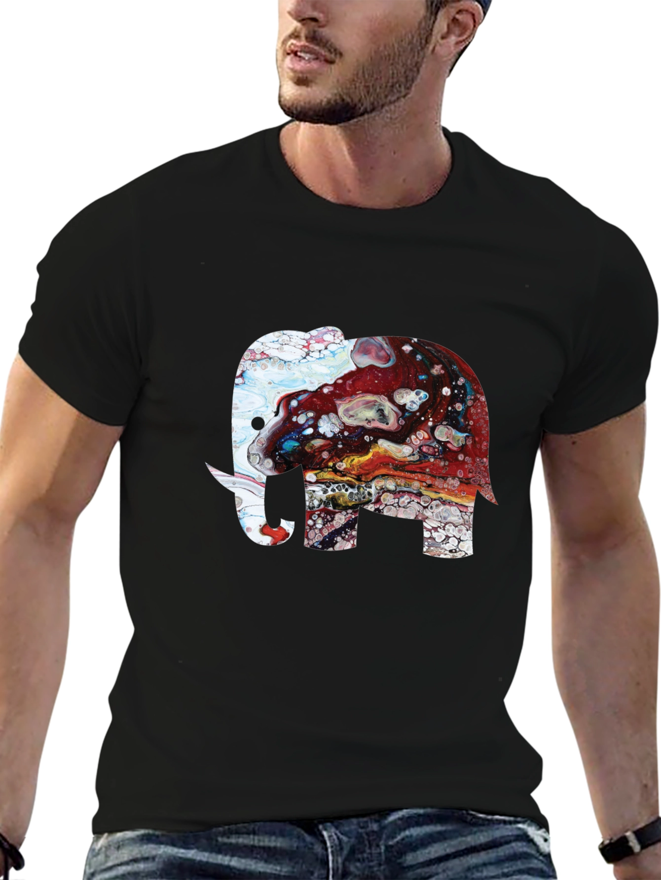 Elephant Art Print Graphic Tee - Mens Black T-Shirt
