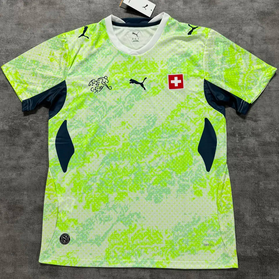 2026/27 Switzerland Away Yellow Fans Soccer Jersey (Have Right Patch 有右臂章 黑底白字） Back